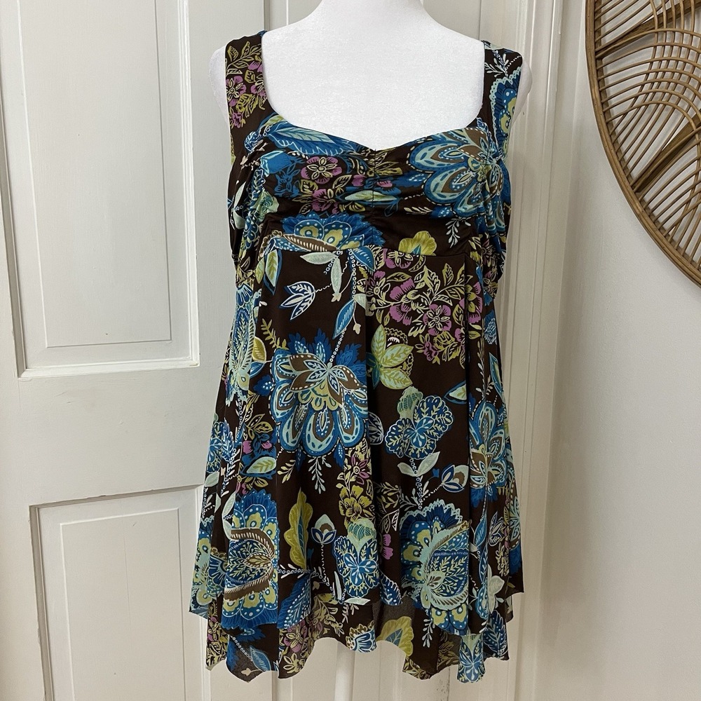 Y2K Layered Babydoll Top Ruched Mesh Whimsy Fairycore Floral Paisley Colorful L